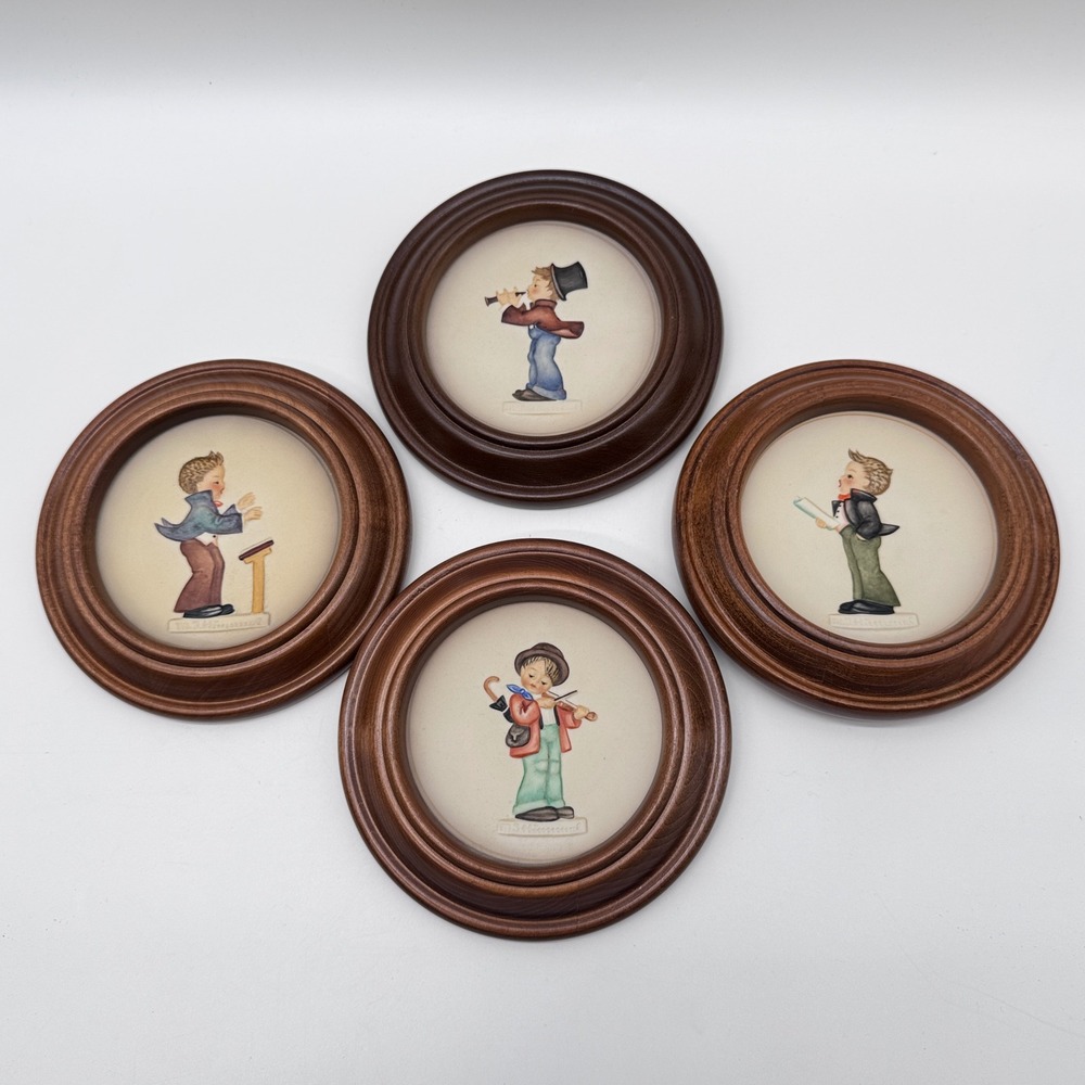 Goebel Hummel Vintage Little Music Makers Mini Plates Set 4 Multi Wood Frames
